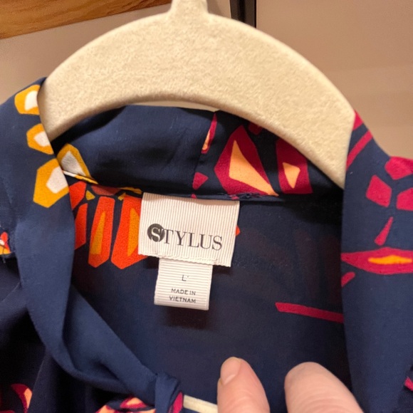 STYLUS Navy Floral Tie-Neck Blouse with Orange & Cream Accents - Picture 3 of 7